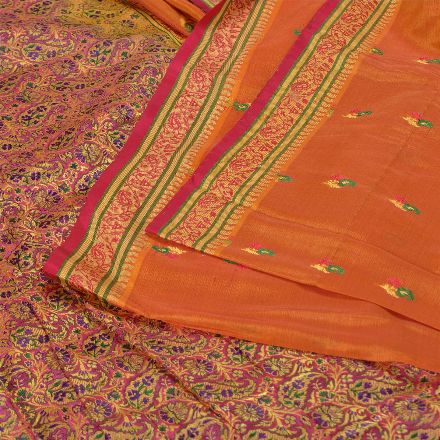 Sanskriti Vintage Saffron/Pink Sarees Pure Silk Woven Premium Sari 5 Yard Sustainable Fabric
