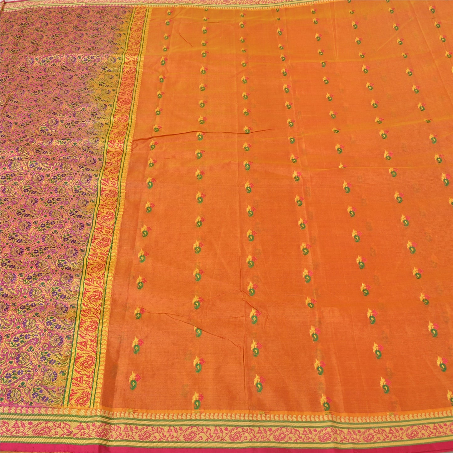 Sanskriti Vintage Saffron/Pink Sarees Pure Silk Woven Premium Sari 5 Yard Sustainable Fabric