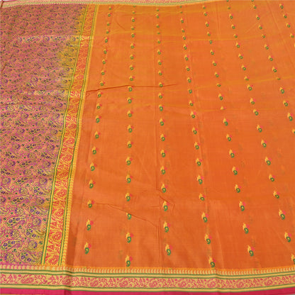 Sanskriti Vintage Saffron/Pink Sarees Pure Silk Woven Premium Sari 5 Yard Sustainable Fabric