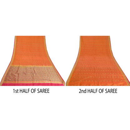 Sanskriti Vintage Saffron/Pink Sarees Pure Silk Woven Premium Sari 5 Yard Sustainable Fabric