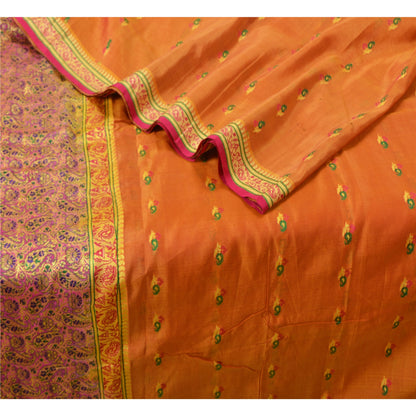 Sanskriti Vintage Saffron/Pink Sarees Pure Silk Woven Premium Sari 5 Yard Sustainable Fabric