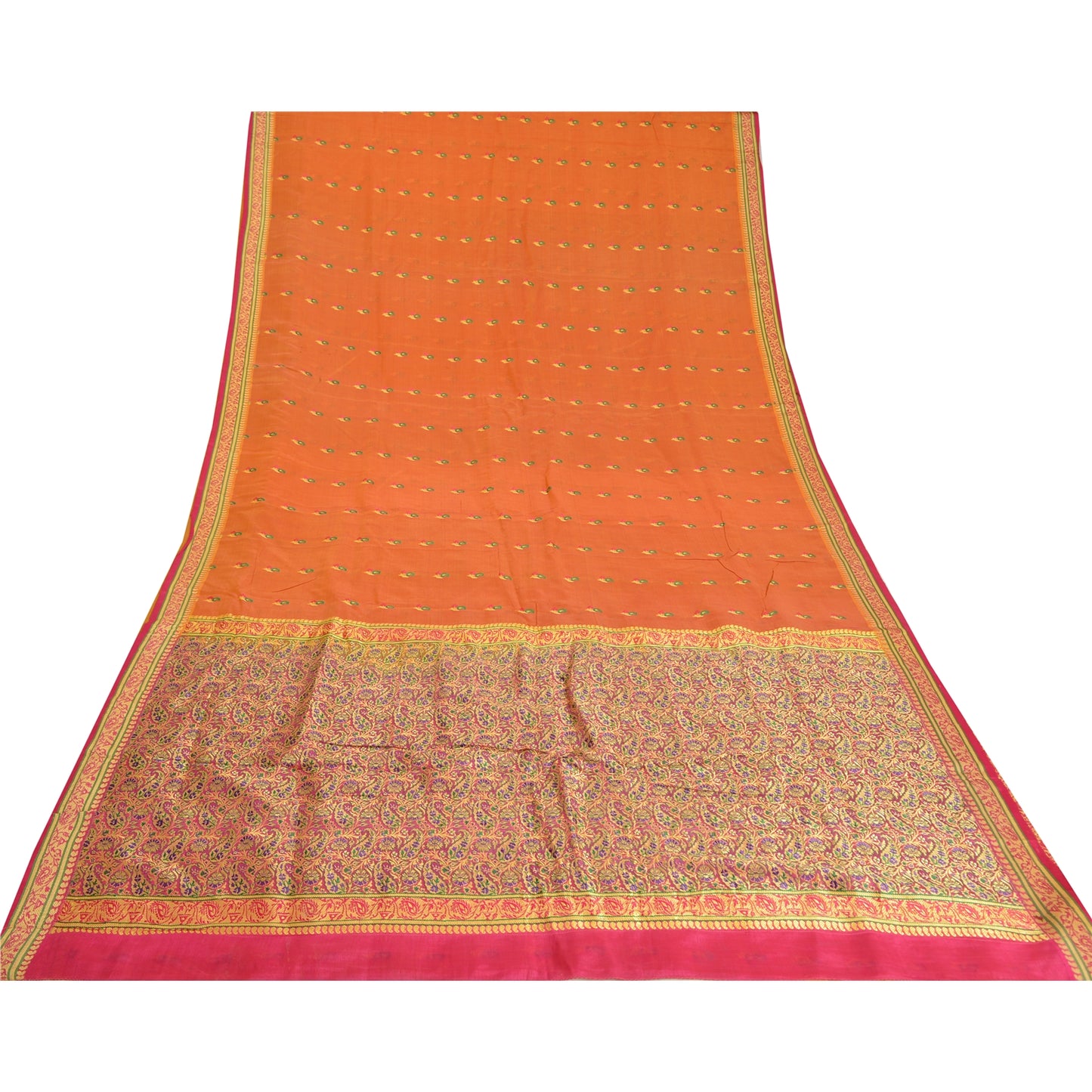 Sanskriti Vintage Saffron/Pink Sarees Pure Silk Woven Premium Sari 5 Yard Sustainable Fabric