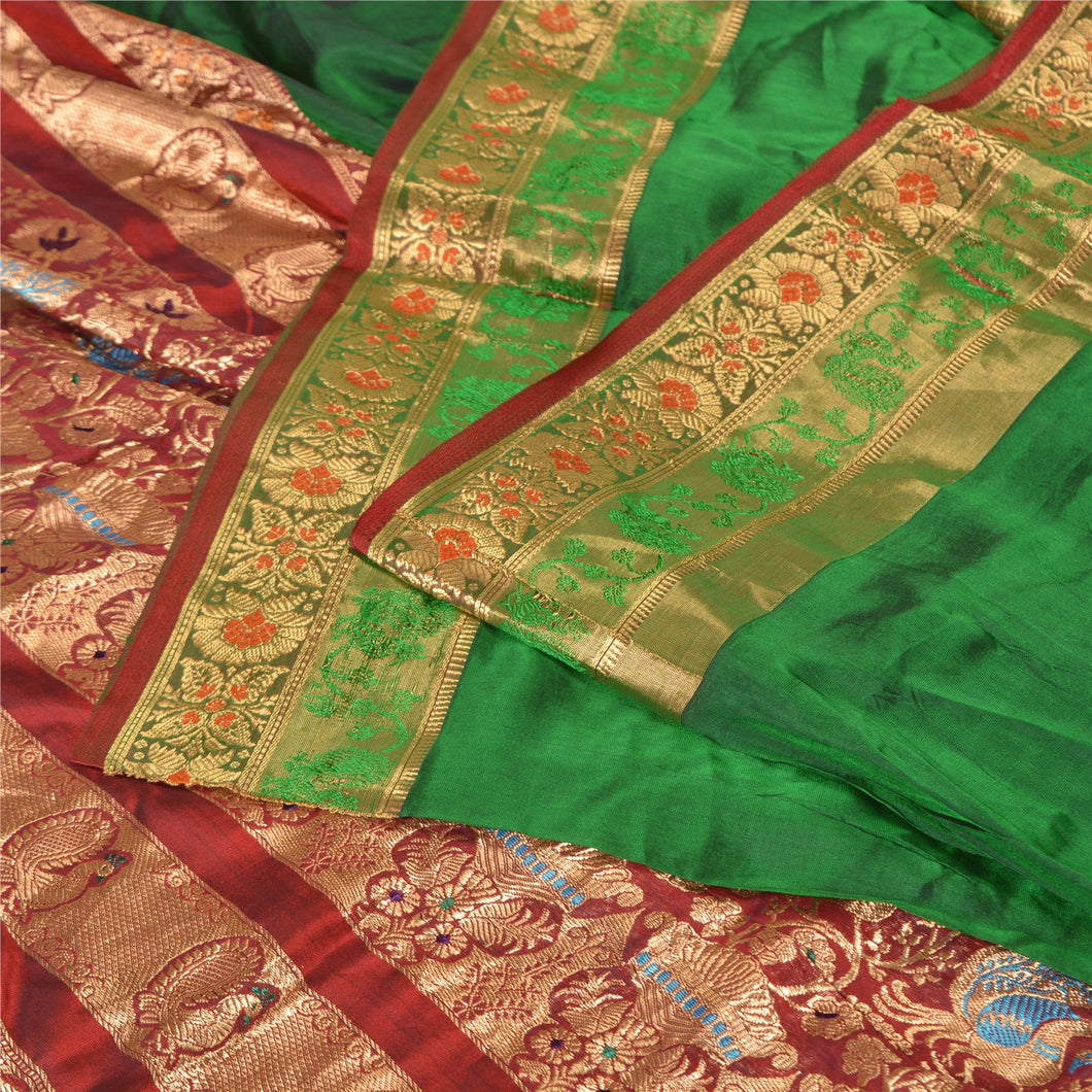 Sanskriti Vintage Green/Red Sarees Pure Silk Woven Brocade/Banarasi Sari Fabric