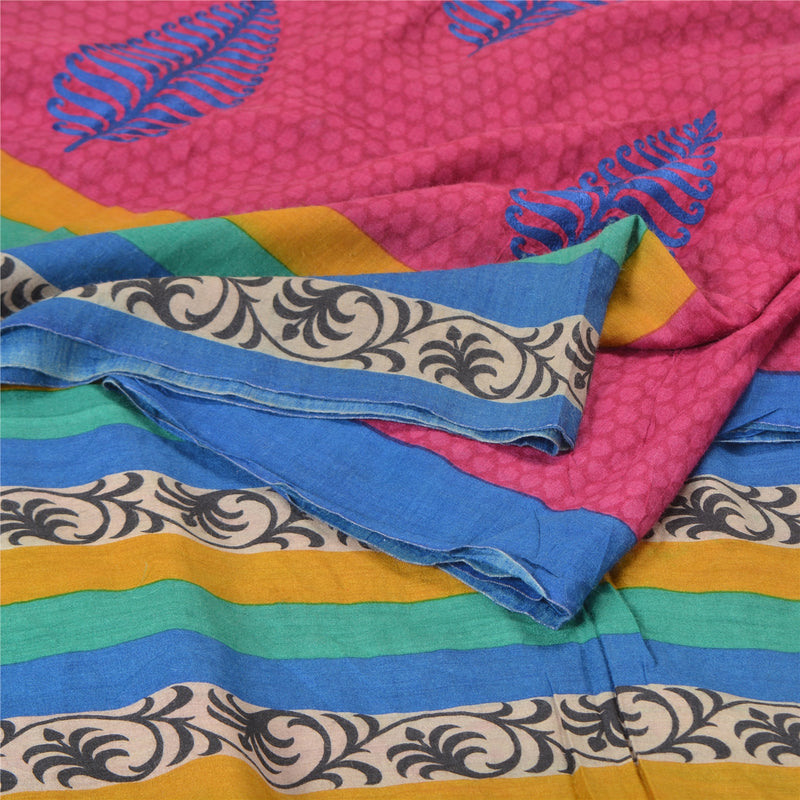 Sanskriti Vintage Saree 100% Pure Woolen Pink Indian Saree Block Printed Floral 5yd Craft Fabric Boho Quilting Material For DIY Project
