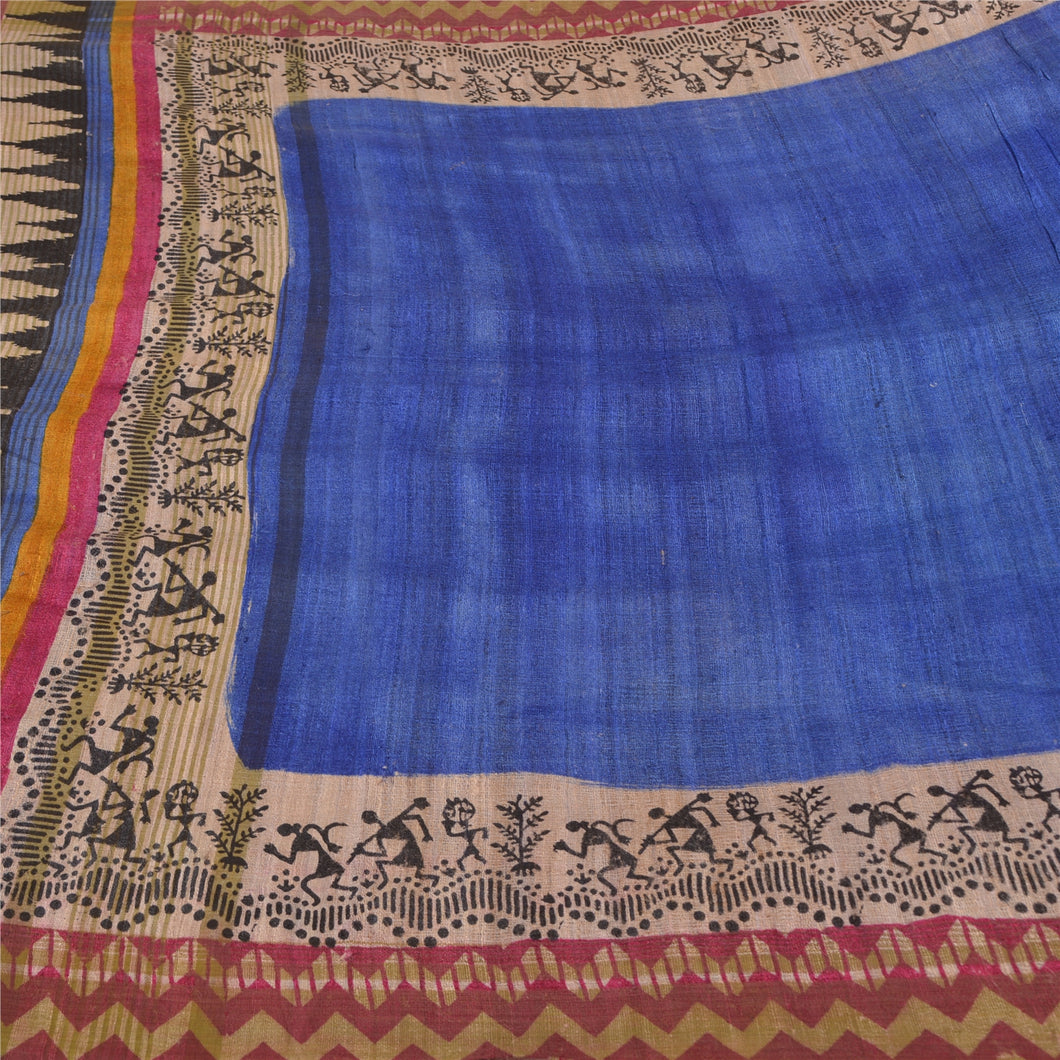 Sanskriti Vintage Blue/Pink Sarees Pure Handloom Silk Warli Printed Sari Fabric