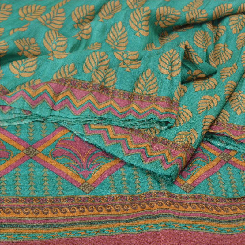 Sanskriti Vintage Saree 100% Pure Handloom Silk Green Sarees Printed Woven 5yd Craft Fabric Boho Quilting Material For DIY Projects