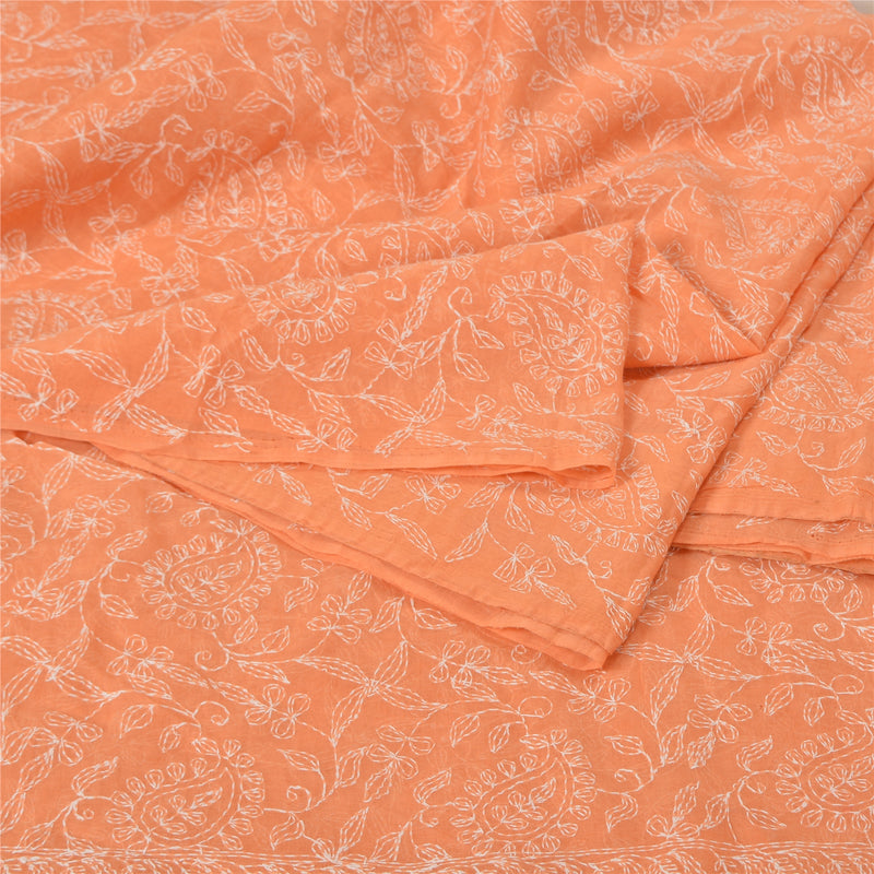 Sanskriti Vintage Saree Cotton Peach Indian Sarees Hand Embroidered Chikankari 5 Yd Craft Fabric Boho Quilting Material For DIY Projects