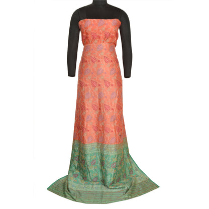 Sanskriti Vintage Peach/Green Sarees Pure Silk Hand Beaded Woven Sari Sustainable Fabric