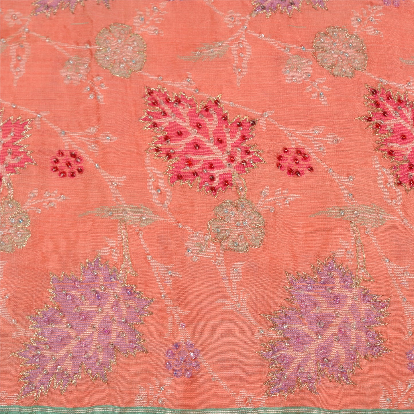 Sanskriti Vintage Peach/Green Sarees Pure Silk Hand Beaded Woven Sari Sustainable Fabric