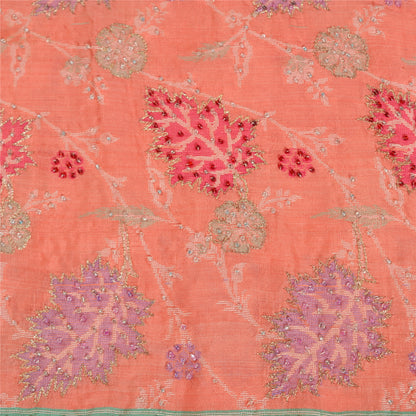 Sanskriti Vintage Peach/Green Sarees Pure Silk Hand Beaded Woven Sari Sustainable Fabric