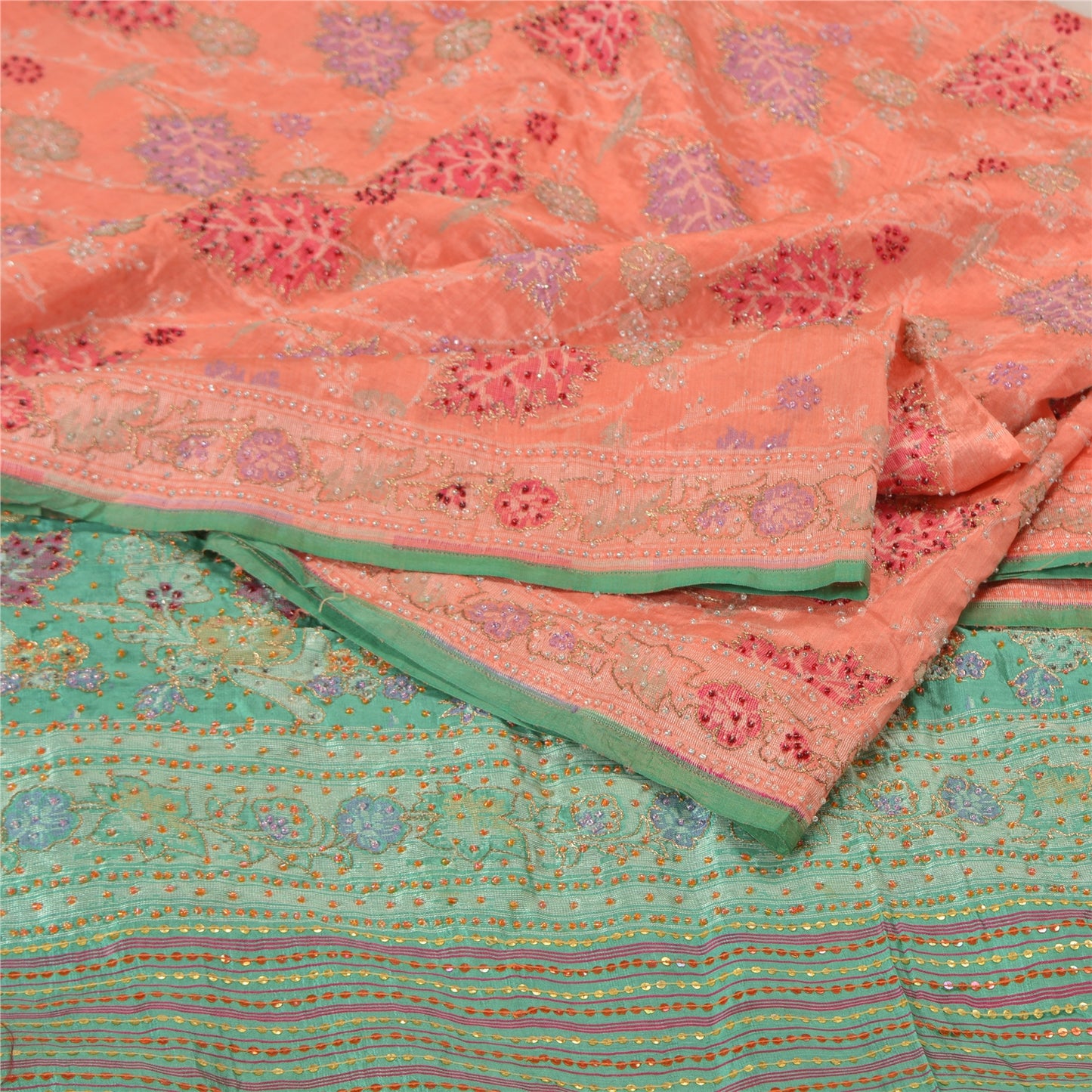 Sanskriti Vintage Peach/Green Sarees Pure Silk Hand Beaded Woven Sari Sustainable Fabric