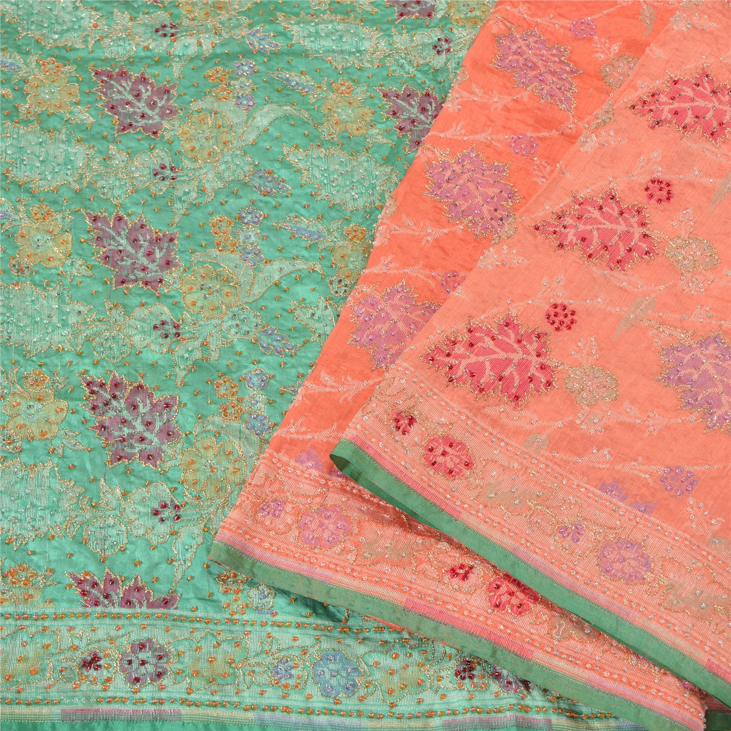 Sanskriti Vintage Peach/Green Sarees Pure Silk Hand Beaded Woven Sari Sustainable Fabric