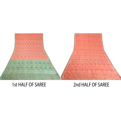 Sanskriti Vintage Peach/Green Sarees Pure Silk Hand Beaded Woven Sari Sustainable Fabric