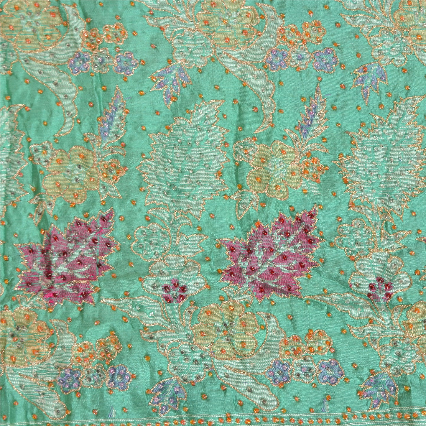 Sanskriti Vintage Peach/Green Sarees Pure Silk Hand Beaded Woven Sari Sustainable Fabric