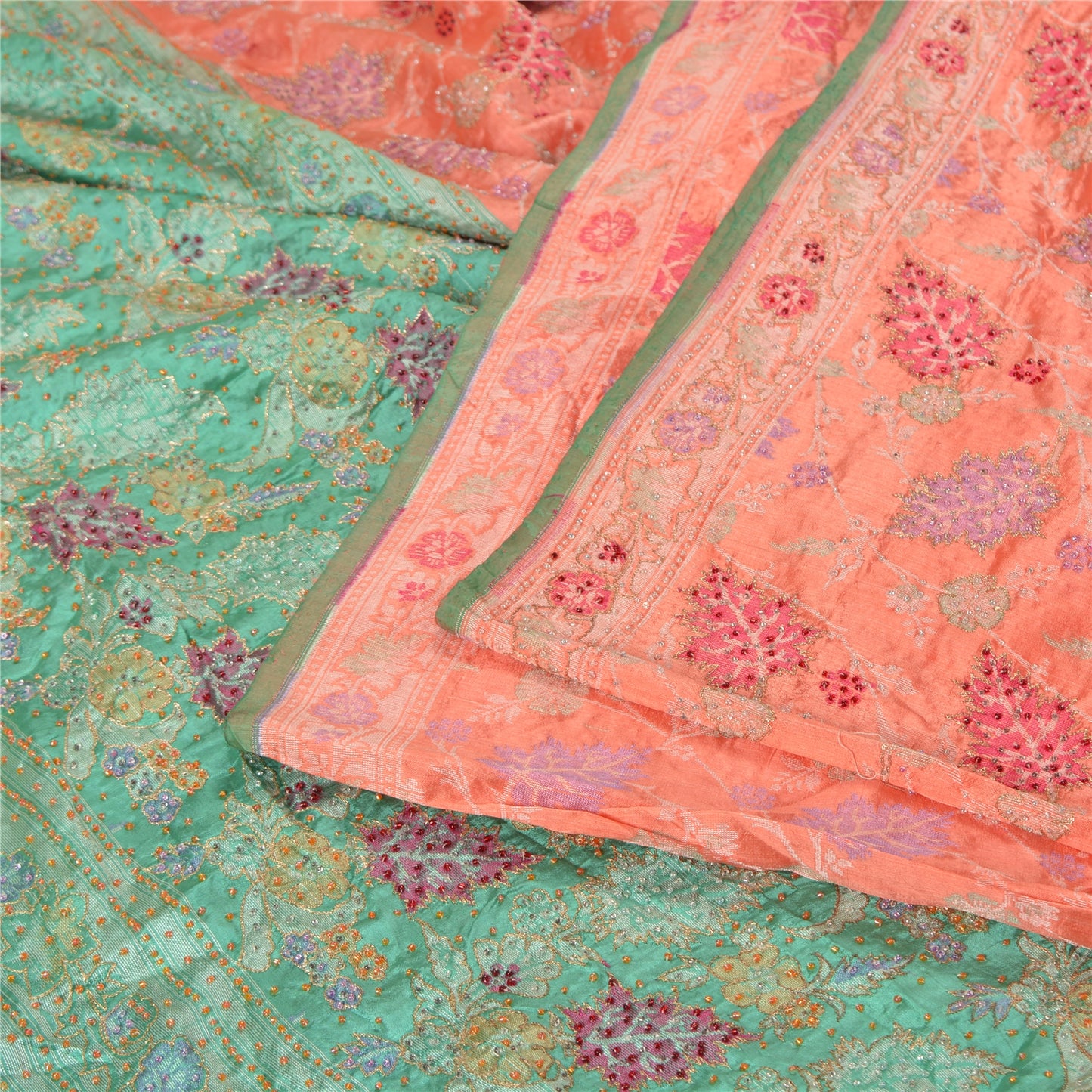 Sanskriti Vintage Peach/Green Sarees Pure Silk Hand Beaded Woven Sari Sustainable Fabric