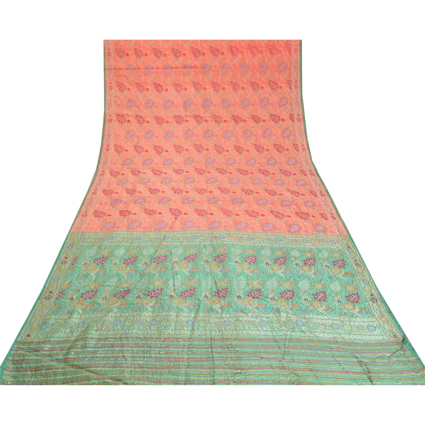 Sanskriti Vintage Peach/Green Sarees Pure Silk Hand Beaded Woven Sari Sustainable Fabric