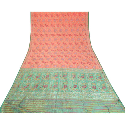 Sanskriti Vintage Peach/Green Sarees Pure Silk Hand Beaded Woven Sari Sustainable Fabric
