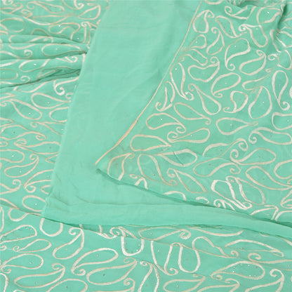 Sanskriti Vintage Sea Green Sarees Pure Georgette Handmade Mukeish Sari Sustainable Fabric