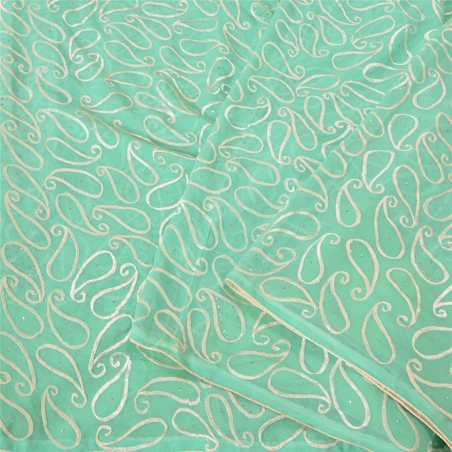 Sanskriti Vintage Sea Green Sarees Pure Georgette Handmade Mukeish Sari Sustainable Fabric