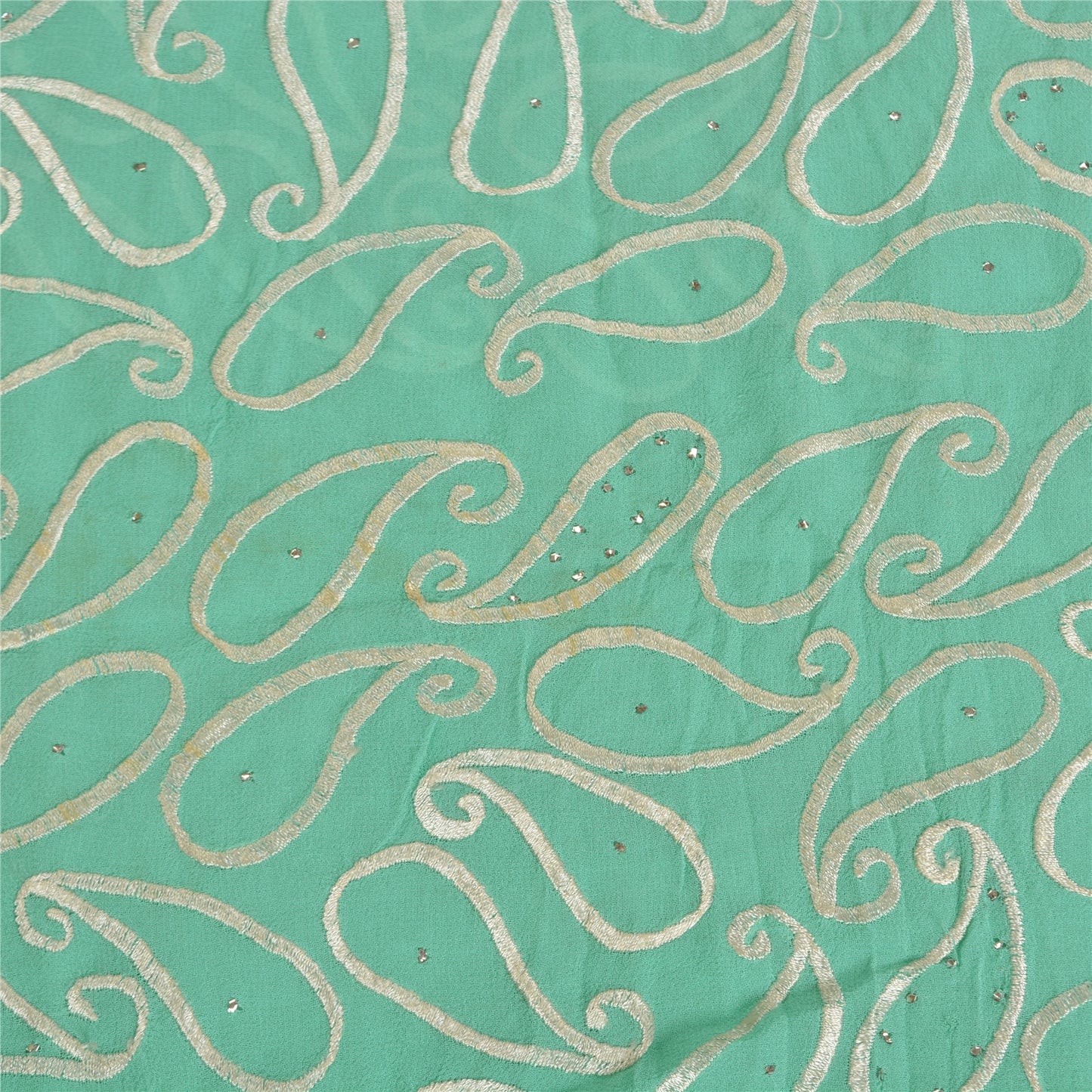 Sanskriti Vintage Sea Green Sarees Pure Georgette Handmade Mukeish Sari Sustainable Fabric