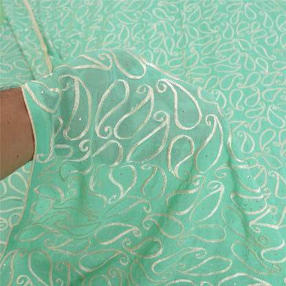 Sanskriti Vintage Sea Green Sarees Pure Georgette Handmade Mukeish Sari Sustainable Fabric