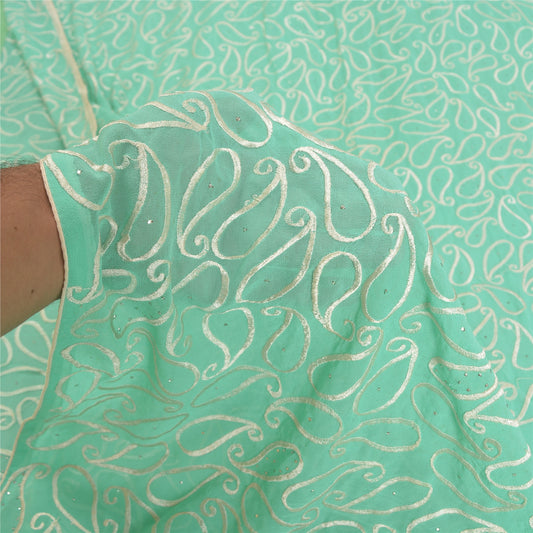 Sanskriti Vintage Sea Green Sarees Pure Georgette Handmade Mukeish Sari Sustainable Fabric