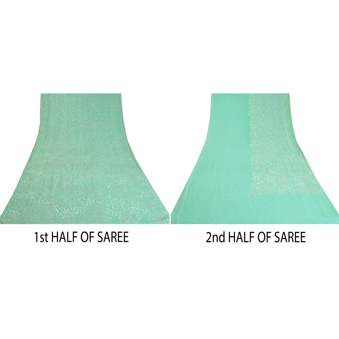 Sanskriti Vintage Sea Green Sarees Pure Georgette Handmade Mukeish Sari Sustainable Fabric