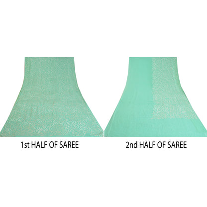 Sanskriti Vintage Sea Green Sarees Pure Georgette Handmade Mukeish Sari Sustainable Fabric