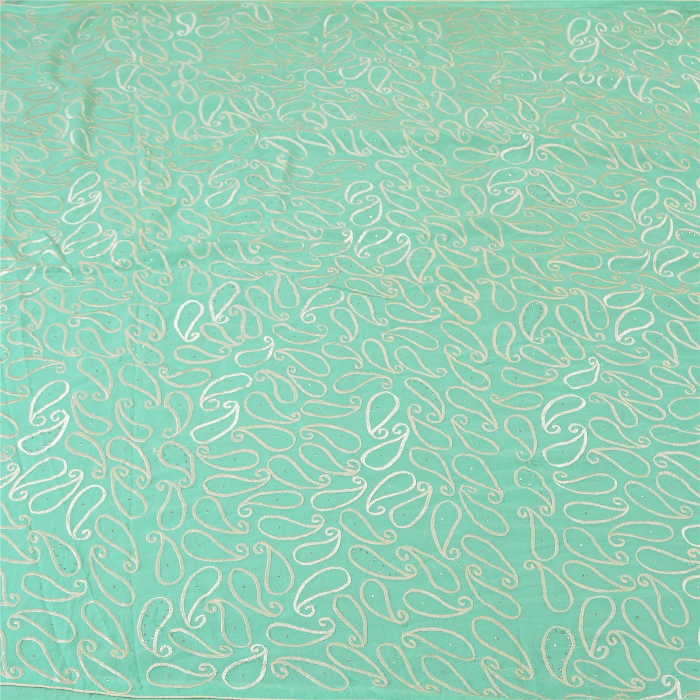 Sanskriti Vintage Sea Green Sarees Pure Georgette Handmade Mukeish Sari Sustainable Fabric