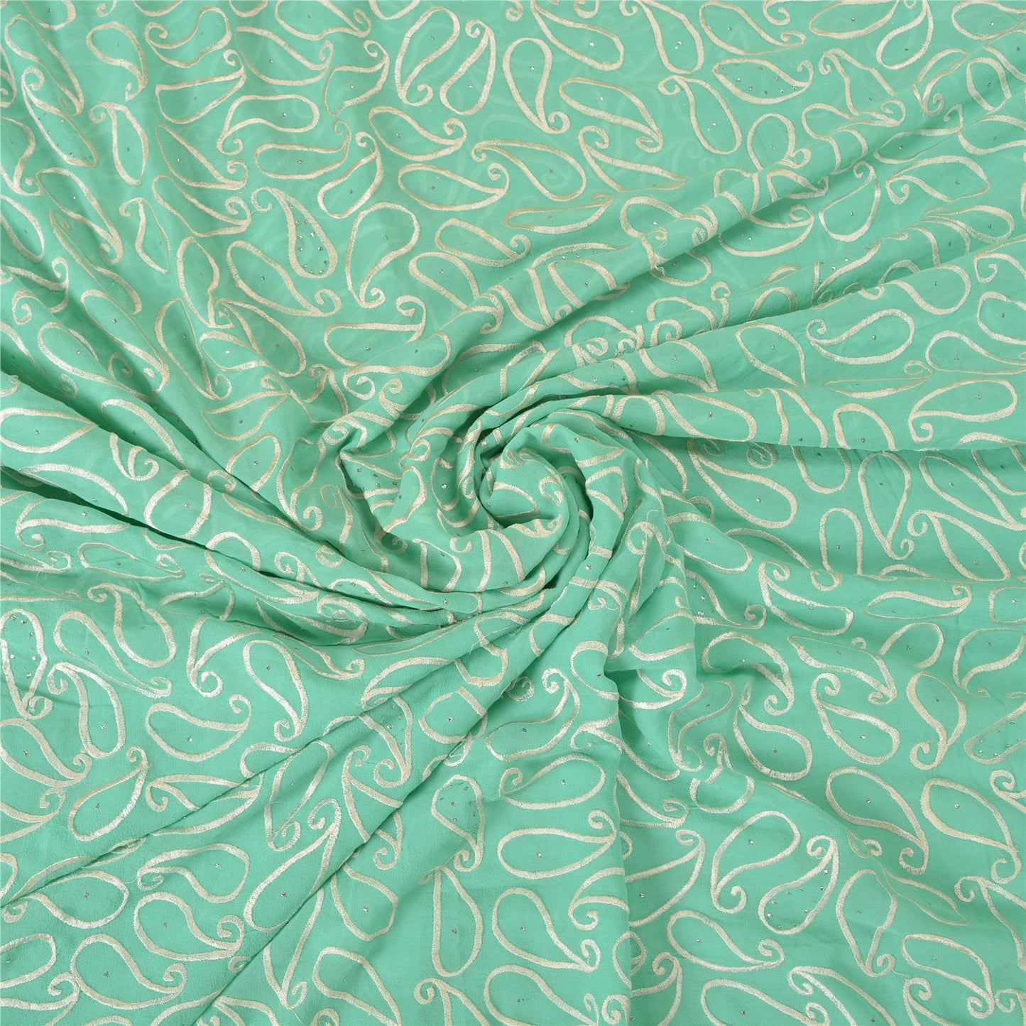 Sanskriti Vintage Sea Green Sarees Pure Georgette Handmade Mukeish Sari Sustainable Fabric