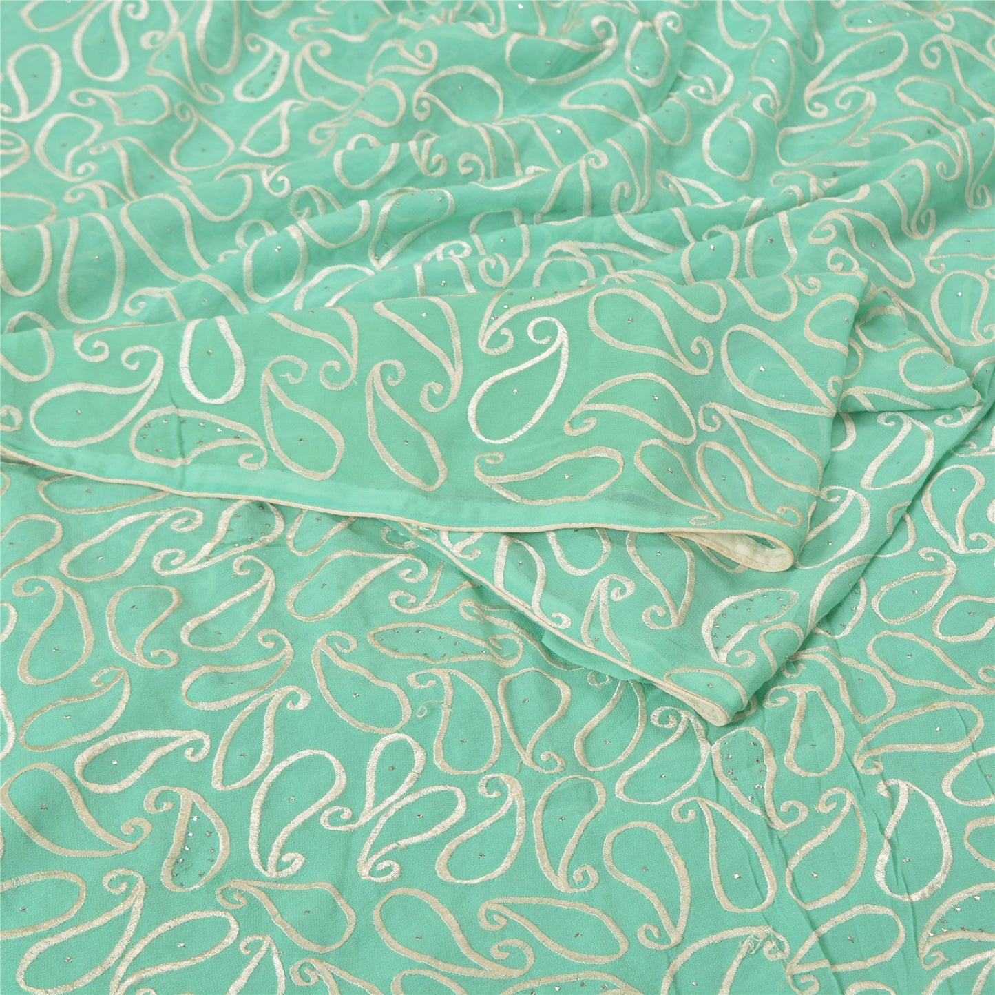 Sanskriti Vintage Sea Green Sarees Pure Georgette Handmade Mukeish Sari Sustainable Fabric
