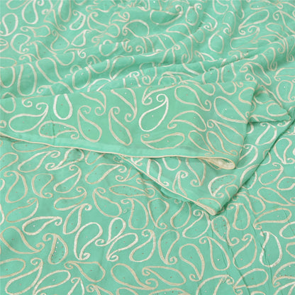 Sanskriti Vintage Sea Green Sarees Pure Georgette Handmade Mukeish Sari Sustainable Fabric