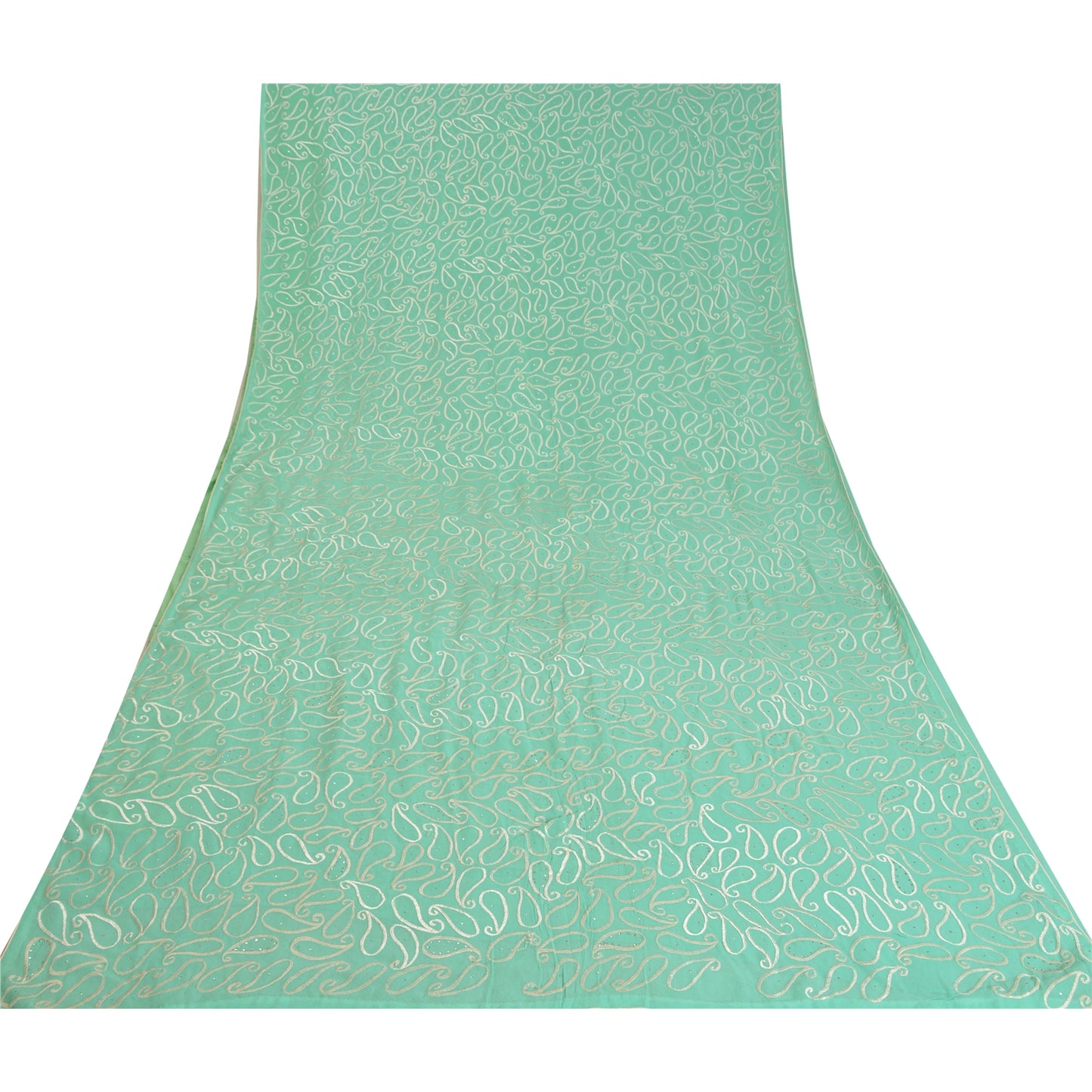 Sanskriti Vintage Sea Green Sarees Pure Georgette Handmade Mukeish Sari Sustainable Fabric