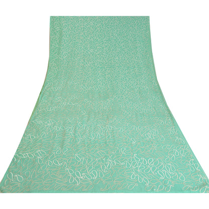 Sanskriti Vintage Sea Green Sarees Pure Georgette Handmade Mukeish Sari Sustainable Fabric