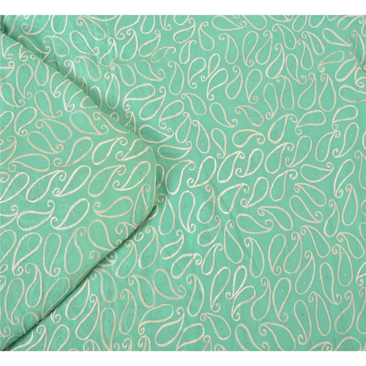 Sanskriti Vintage Sea Green Sarees Pure Georgette Handmade Mukeish Sari Sustainable Fabric
