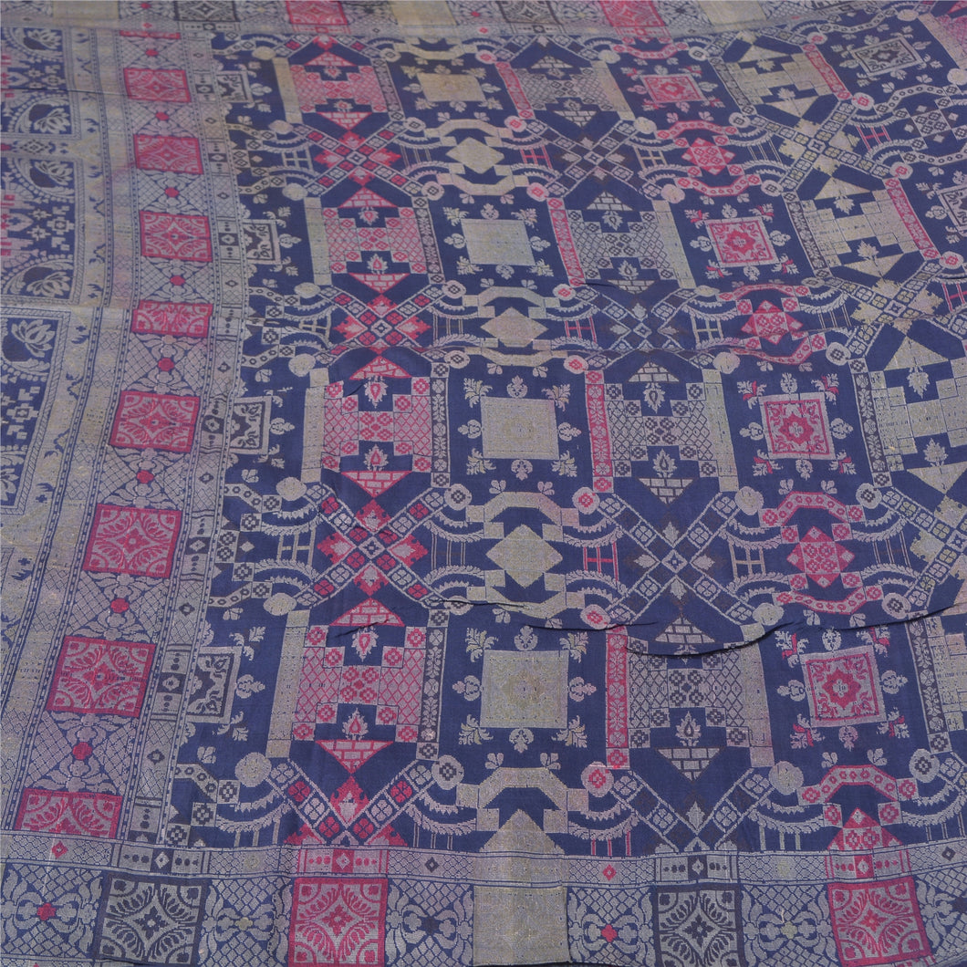 Sanskriti Vintage Blue Indian Sarees Pure Silk Woven Premium Sari Fabric