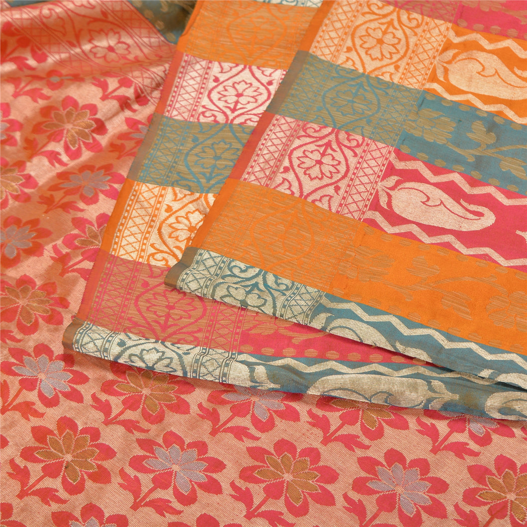 Sanskriti Vintage Multicolor Indian Sarees Pure Silk Woven Sari 5 Yard Fabric