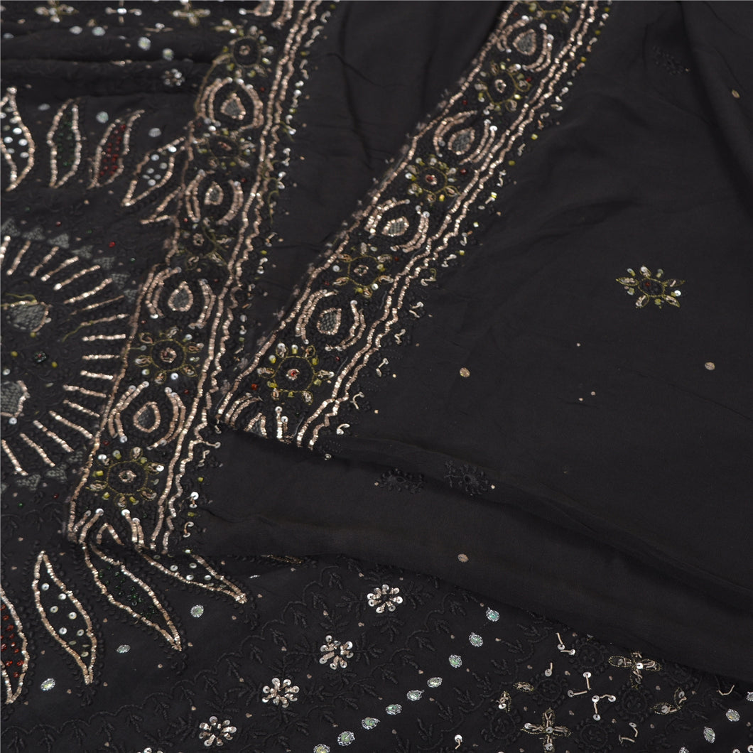 Sanskriti Vintage Black Sarees Pure Georgette Handmade Chikankari Sari Fabric