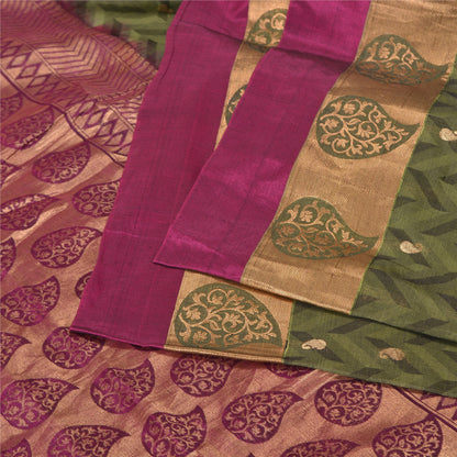 Sanskriti Vintage Green Sarees Pure Silk Woven Brocade/Banarasi Sari Sustainable Fabric