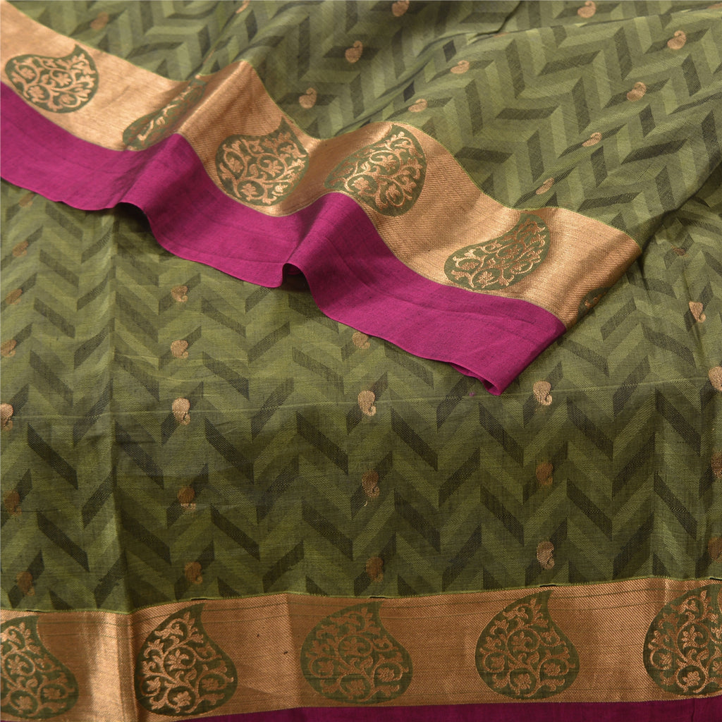 Sanskriti Vintage Green Sarees Pure Silk Woven Brocade/Banarasi Sari Sustainable Fabric