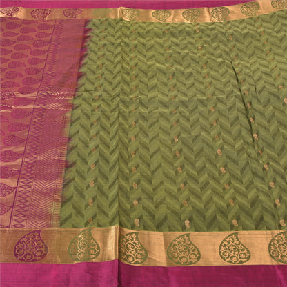 Sanskriti Vintage Green Sarees Pure Silk Woven Brocade/Banarasi Sari Sustainable Fabric