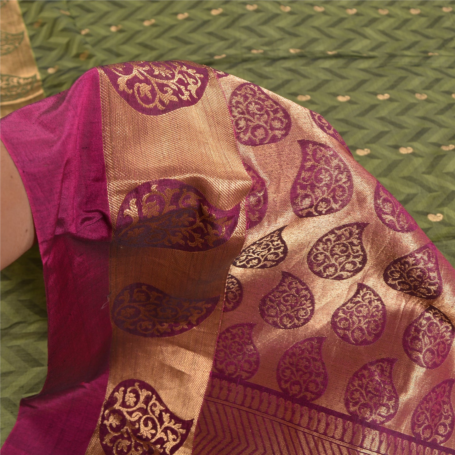 Sanskriti Vintage Green Sarees Pure Silk Woven Brocade/Banarasi Sari Sustainable Fabric