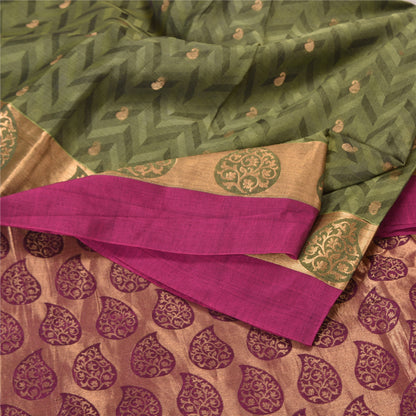 Sanskriti Vintage Green Sarees Pure Silk Woven Brocade/Banarasi Sari Sustainable Fabric