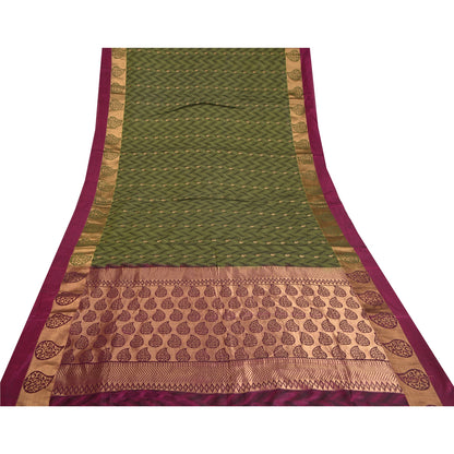 Sanskriti Vintage Green Sarees Pure Silk Woven Brocade/Banarasi Sari Sustainable Fabric