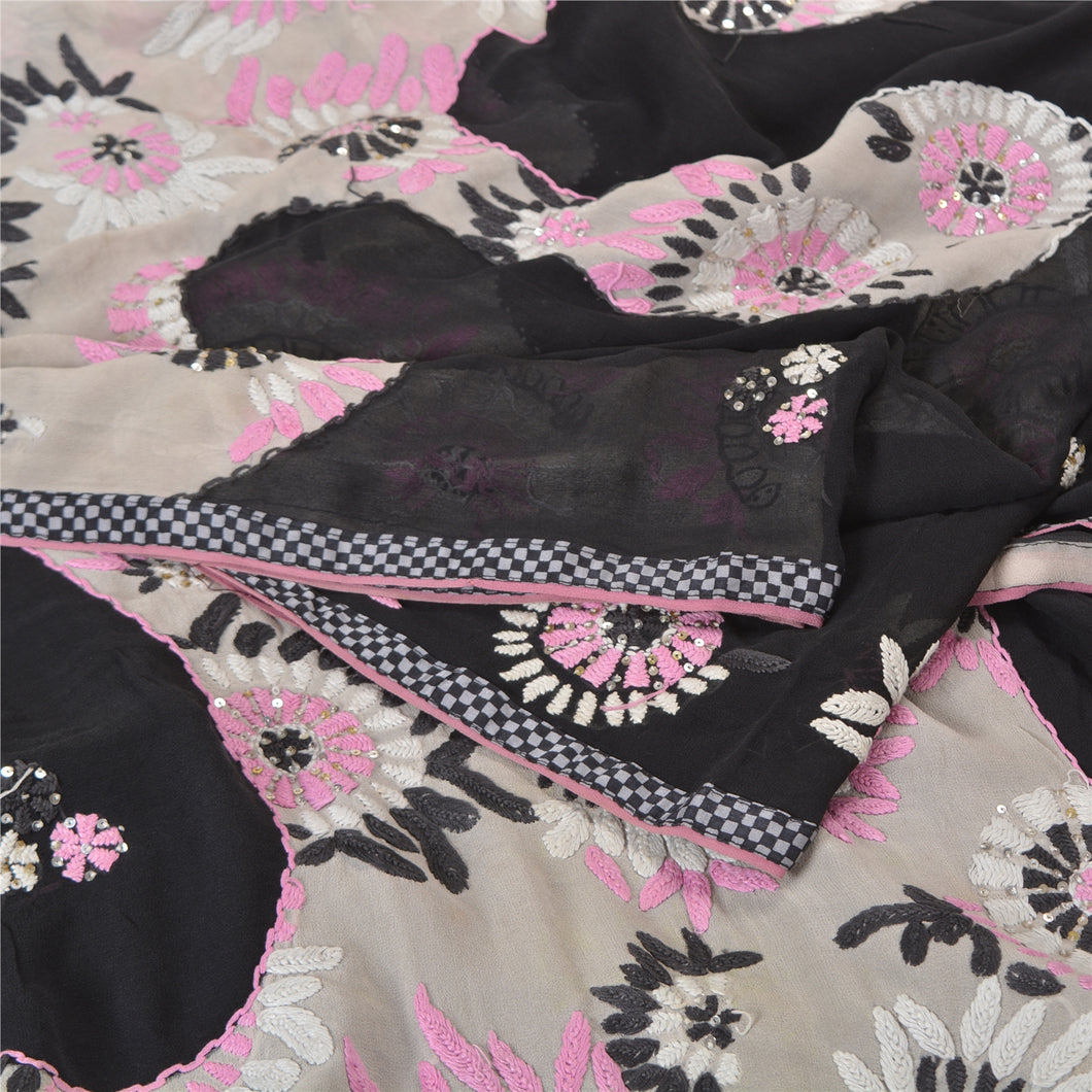 Sanskriti Vintage Black Sarees Pure Georgette Handmade Chikankari Sari Fabric