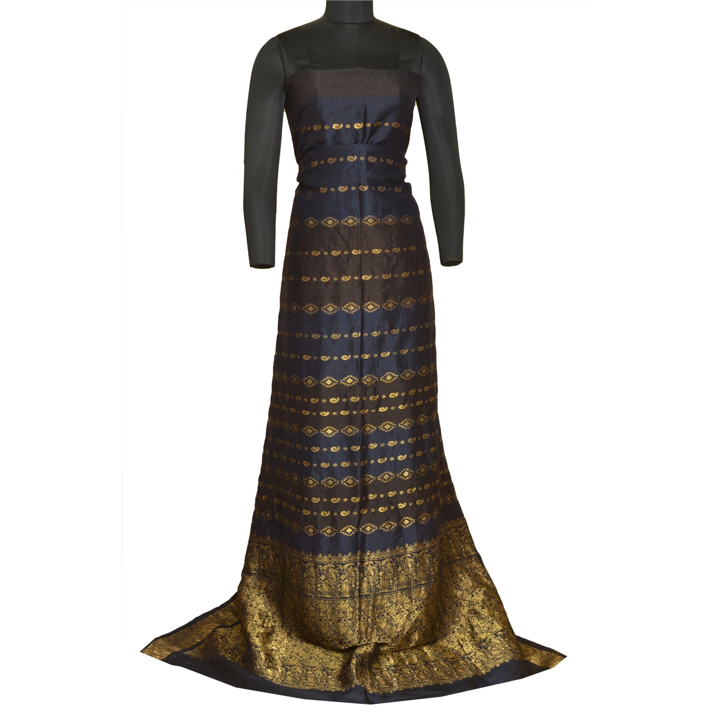 Sanskriti Vintage Blue/Brown Sarees Pure Silk Woven Brocade/Banarasi Sari Sustainable Fabric