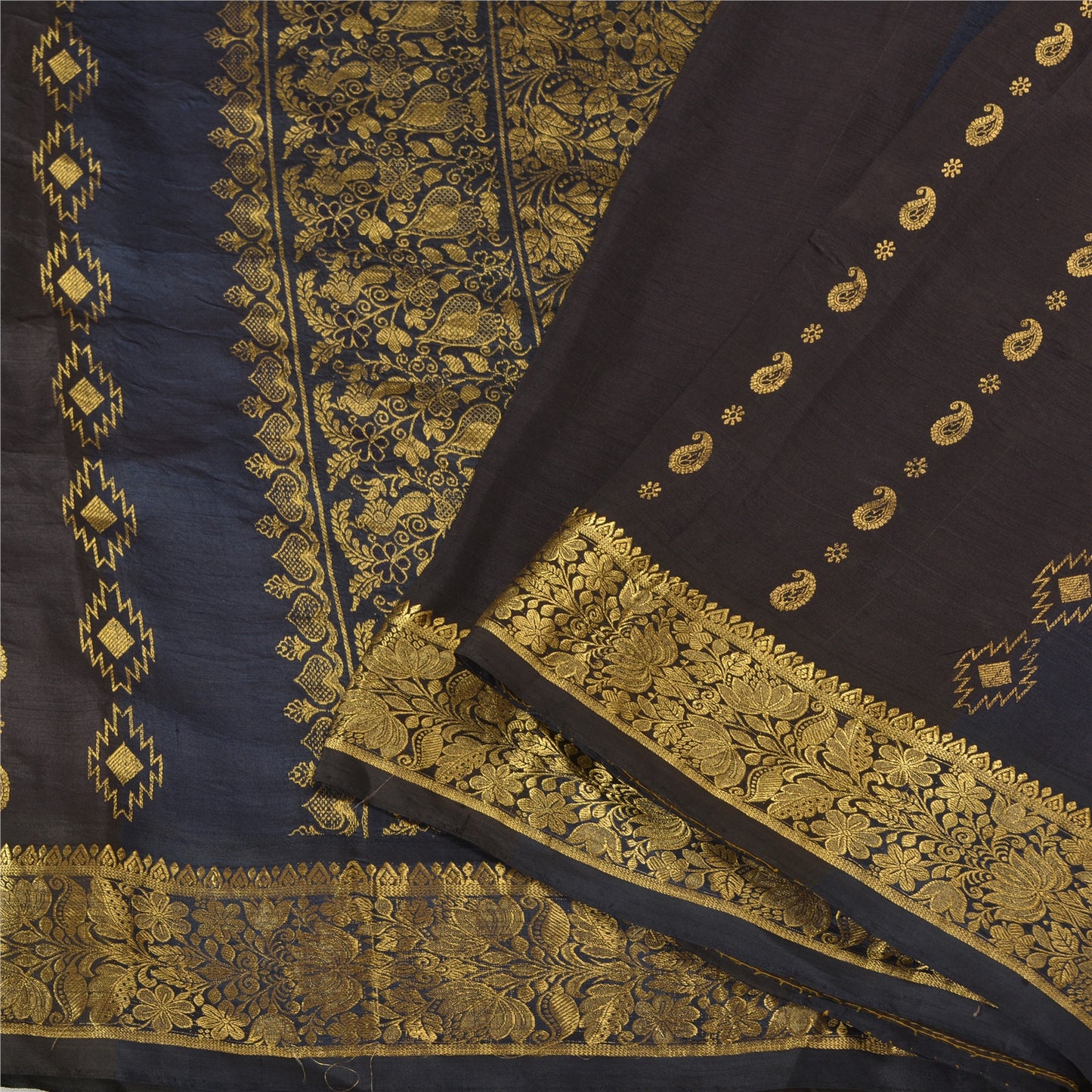 Sanskriti Vintage Blue/Brown Sarees Pure Silk Woven Brocade/Banarasi Sari Sustainable Fabric