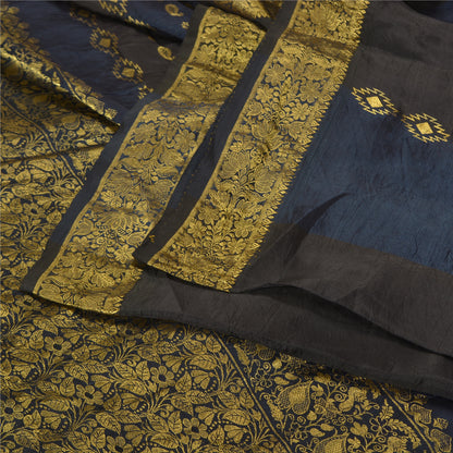 Sanskriti Vintage Blue/Brown Sarees Pure Silk Woven Brocade/Banarasi Sari Sustainable Fabric