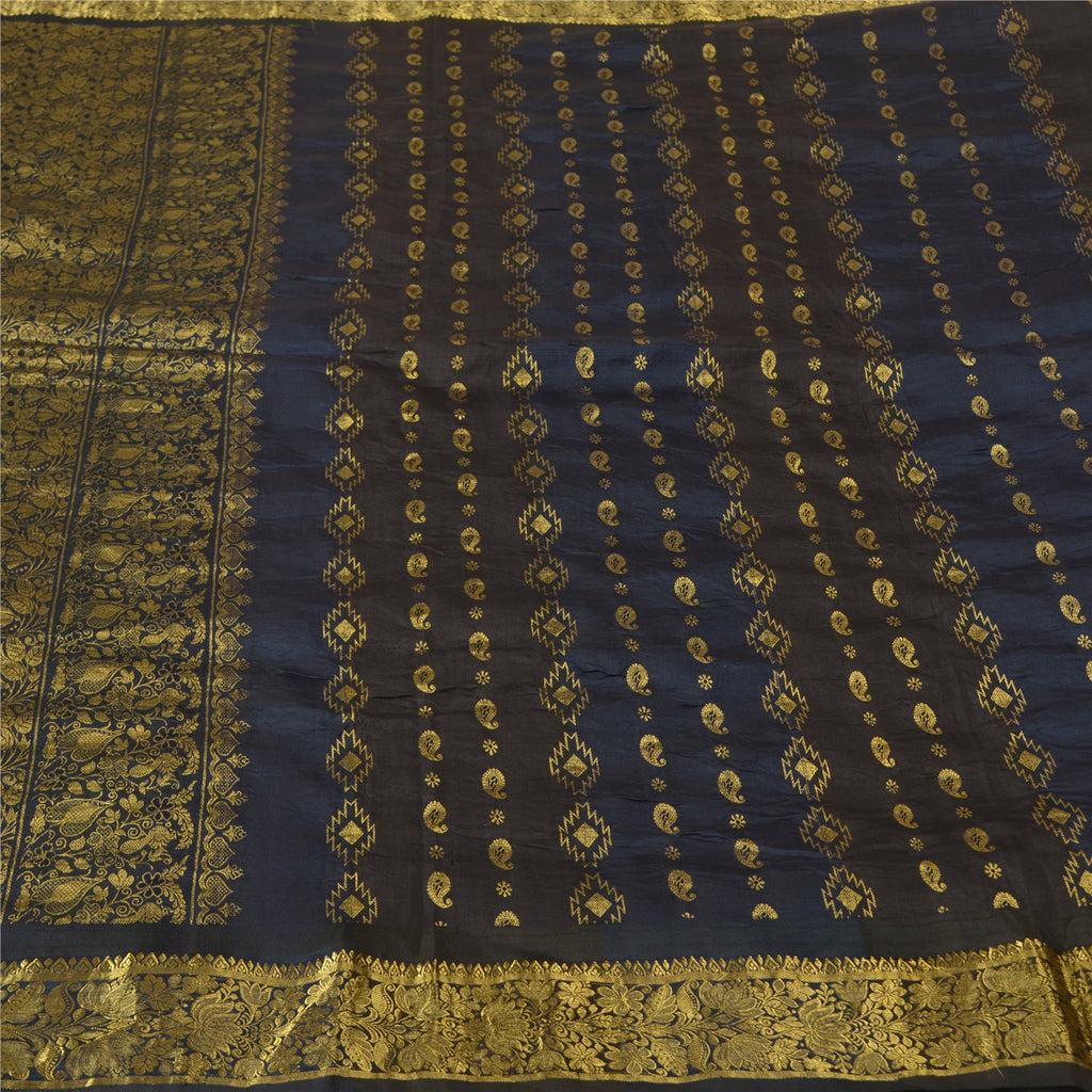Sanskriti Vintage Blue/Brown Sarees Pure Silk Woven Brocade/Banarasi Sari Sustainable Fabric
