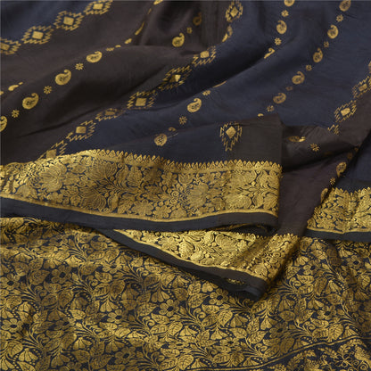 Sanskriti Vintage Blue/Brown Sarees Pure Silk Woven Brocade/Banarasi Sari Sustainable Fabric